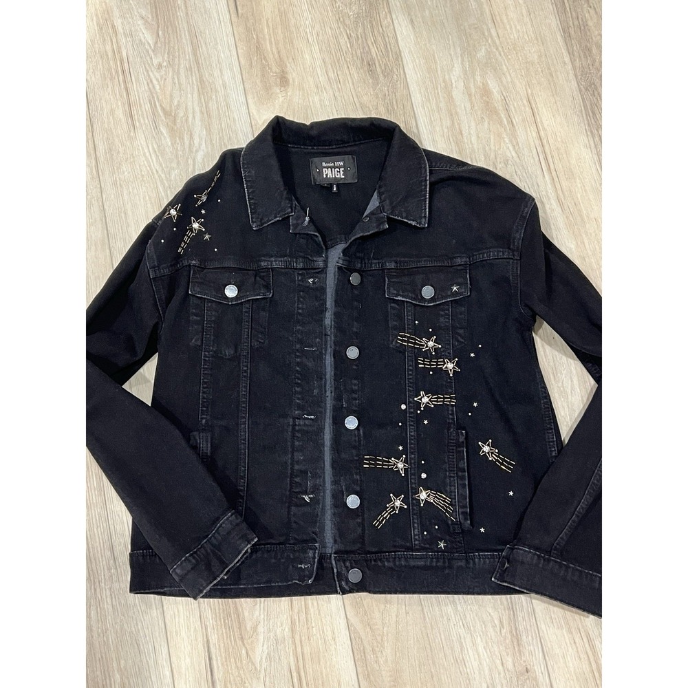 Rosie HW x PAIGE Josephine Black Denim Jean Jacket Noir Star Embellished SMALL